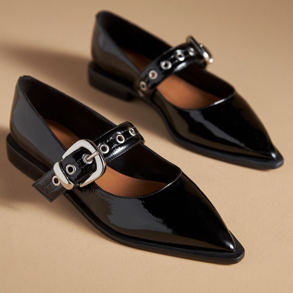 Maeve Black Patent Pointed Mary Jane Flats with Buckle